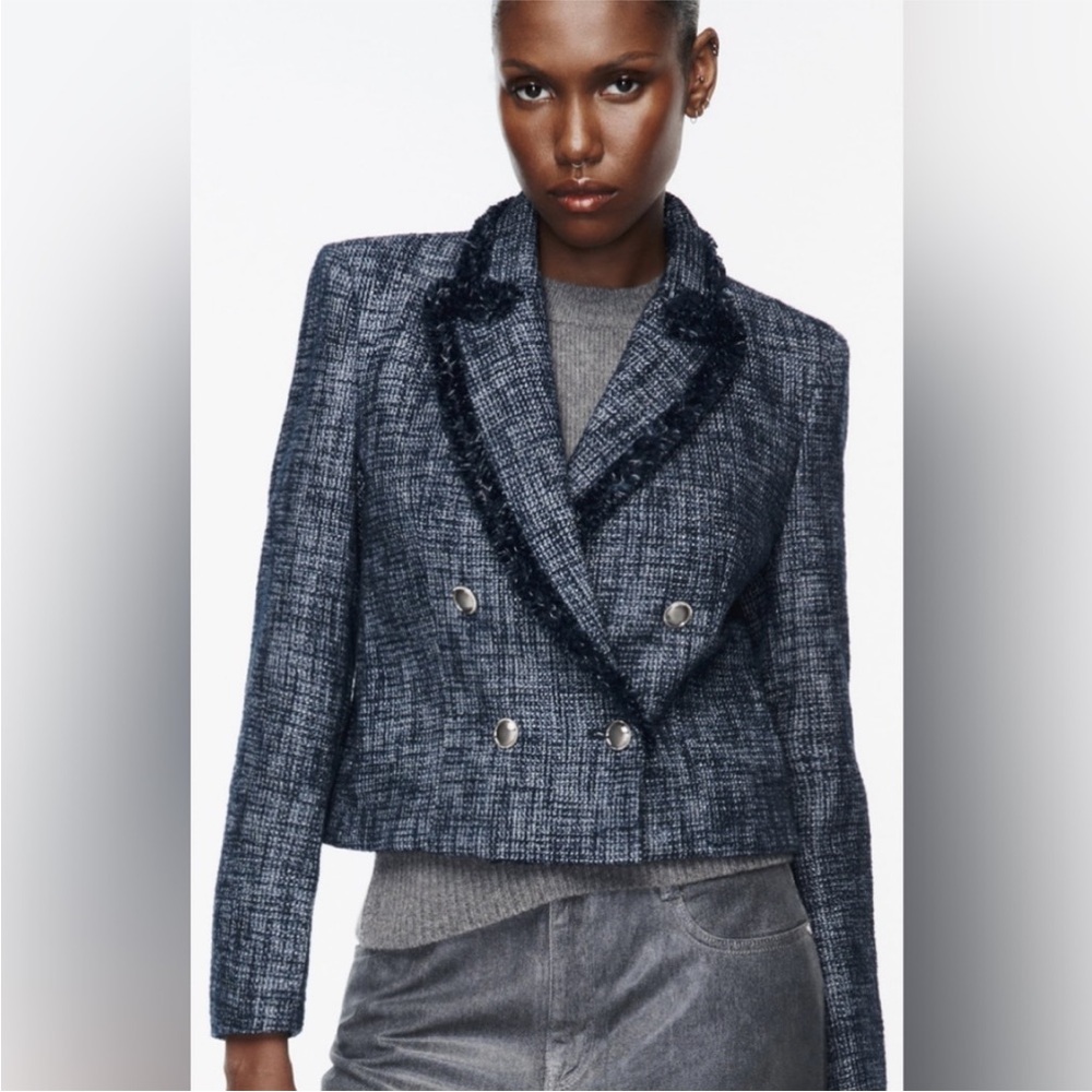Zara Blue Tweed Double Breasted Cropped Blazer Silver Buttons Size Medium